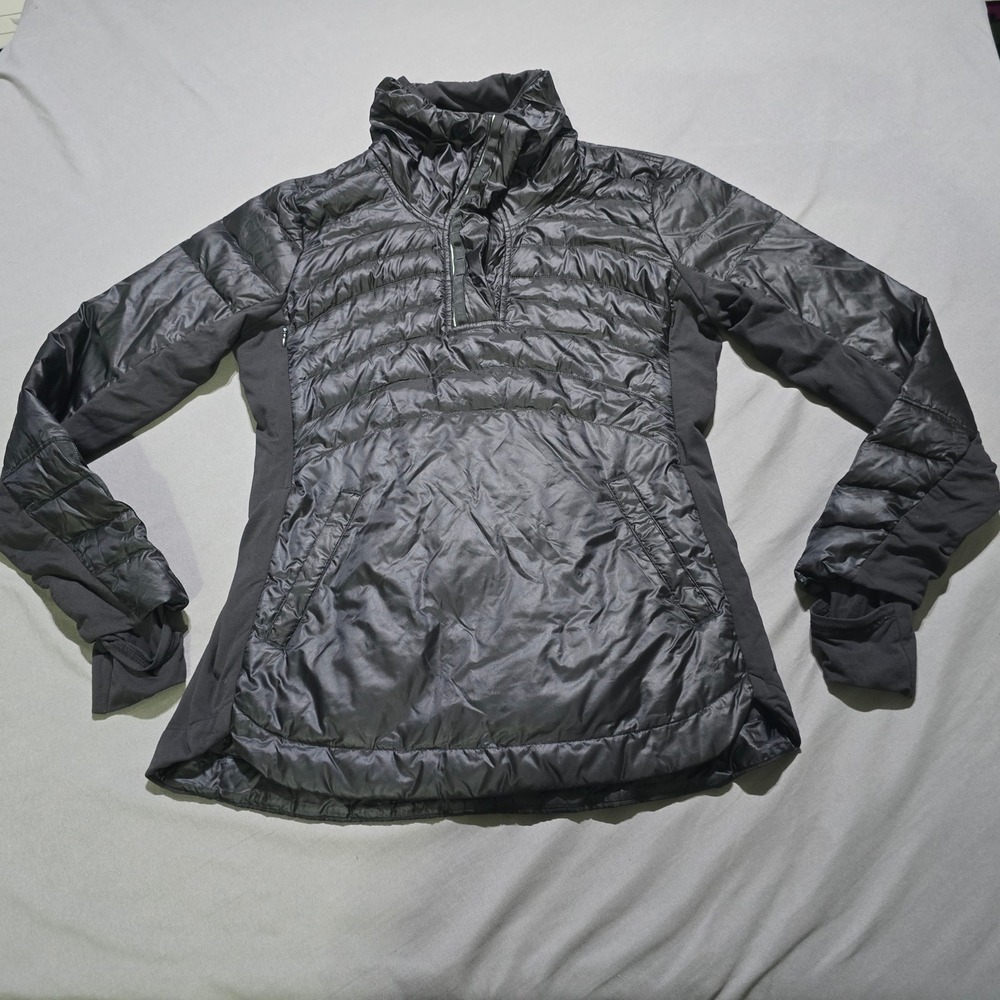 Lululemon Jacket Down For It All Pullover Women 10 Black Quilted Down Half Zip